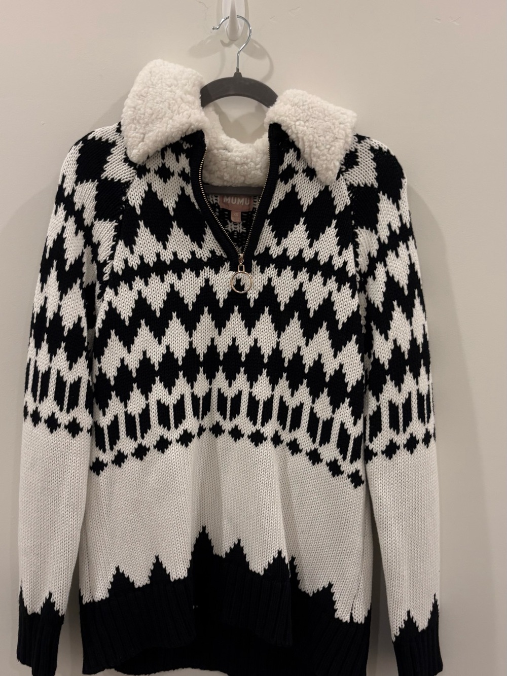 Black & White Sherpa-Collar Half-Zip Turtleneck Sweater